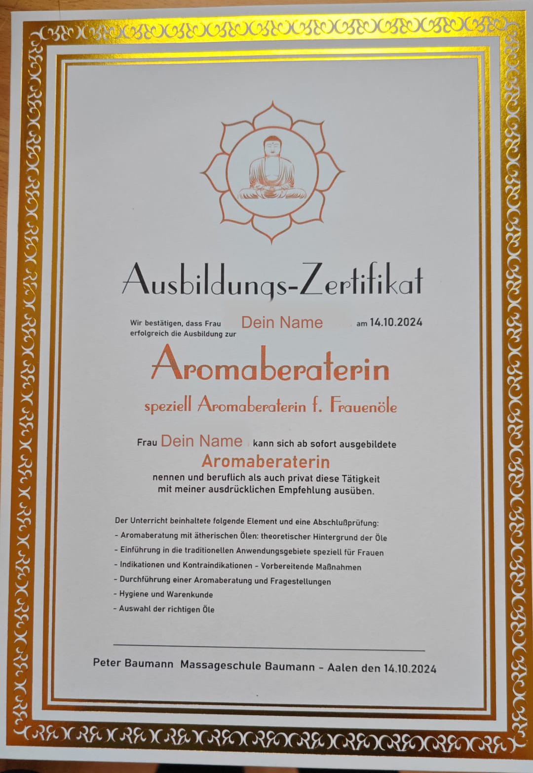 Ausbildungs-Zertifikat der Massageschule Baumann – offizielles Abschlussdokument